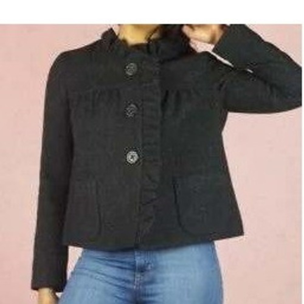 J.Crew Womens Charcoal Grey 100% Wool Ruffle Collar Button‎ Front Jacket Size 8
